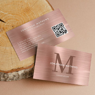 Carte De Visite Moderne QR Code brossé Rose métal brossé Monogramm
