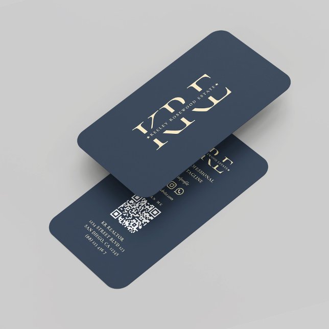 Carte De Visite Moderne Realtor Monogram Immobilier Bleu foncé (Modern Realtor Monogram Real Estate Dark Blue Gold Professional Marketing QR Code Business Card
)