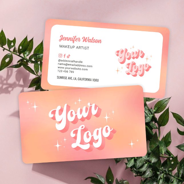 Carte De Visite Moderne Retro Peach Maquillage Artiste Beauté Salo (Modern groovy business cards, featuring nostalgic fonts and pastel hues)