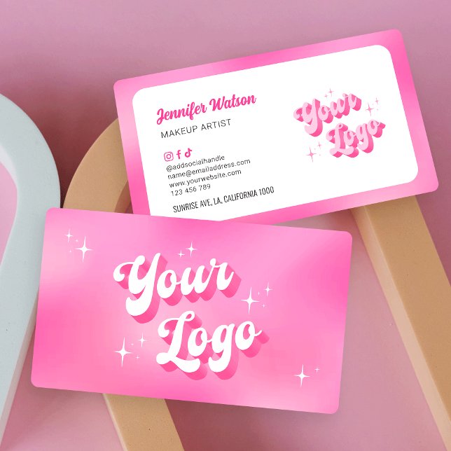Carte De Visite Moderne Retro Rose Nails Technologie Lashes Beauté (Trendy retro business cards in girly pink with space for your logo and contact details)
