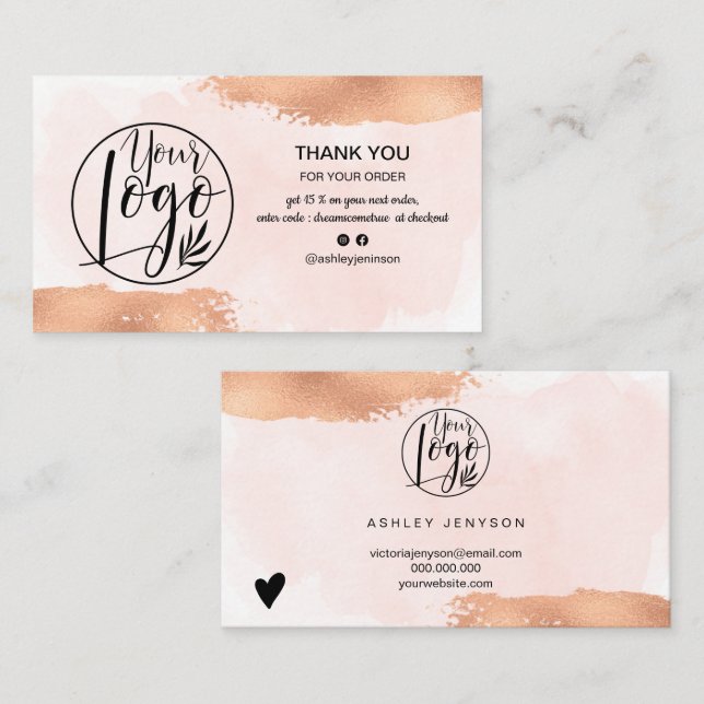 Carte De Visite Moderne rose or brosse rose logo commander merci (Devant / Derrière)