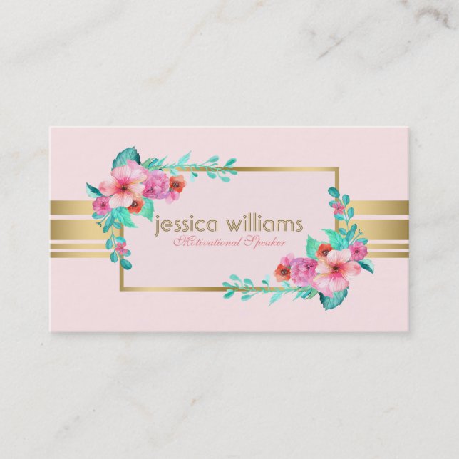 Carte De Visite Moderne, Rose pastel, Fleurs & Or Accent (Devant)