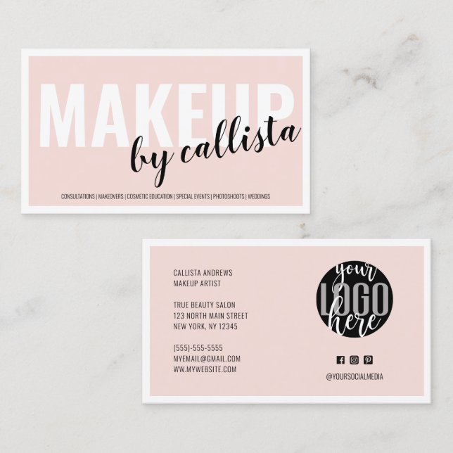 Carte De Visite Moderne Simple Blush Pink Bordure Logo Artiste maq (Devant / Derrière)