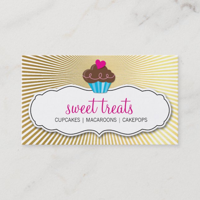 Carte De Visite MODERNE SWEET mignon cupcake rose or rétro sunburs (Devant)