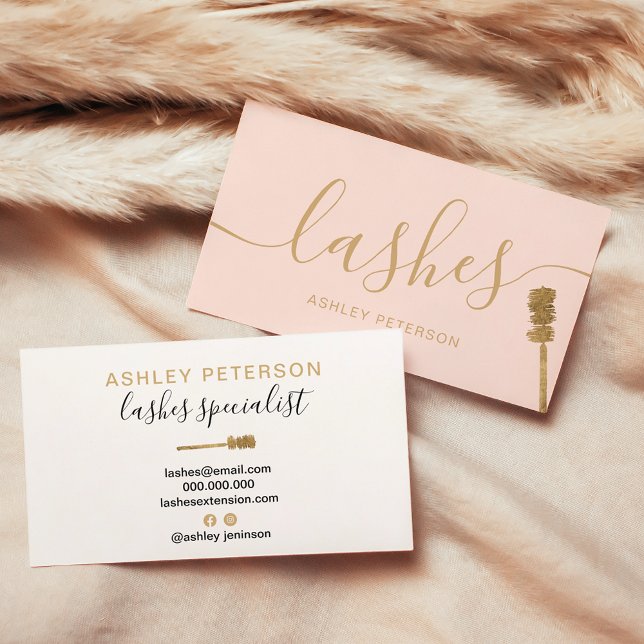 Carte De Visite Moderne tendance lashes or girly brush rose rousse (Modern trendy girly gold lashes brush blush pink business card)