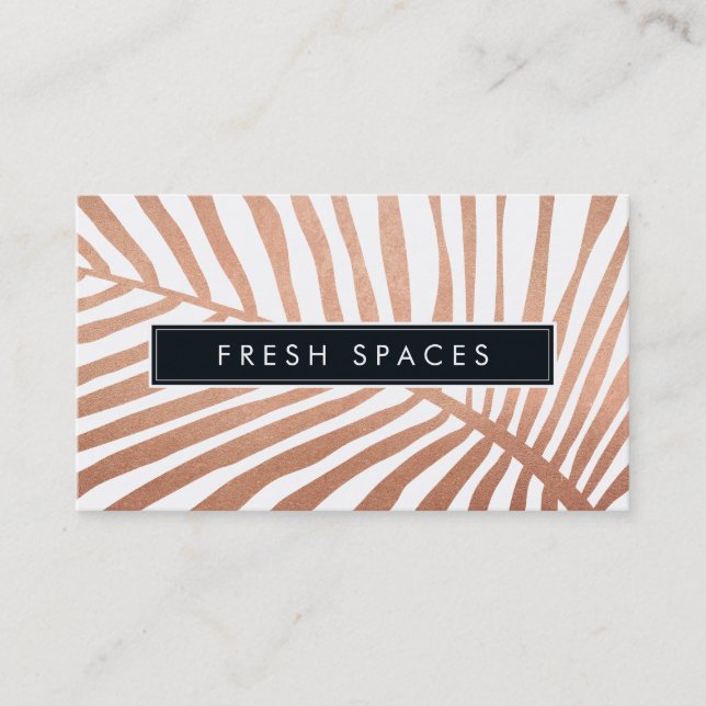 Carte De Visite MODERNE TROPICAL PALM LEAF logo tendance or rose (Devant)