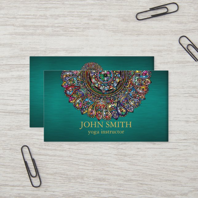 Carte De Visite Moderne Turquoise & Or Mandala Yoga Instructeur Bu (Devant/Arrière en situation)