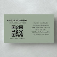 Carte de visite moderne verte sauge QR Code minima