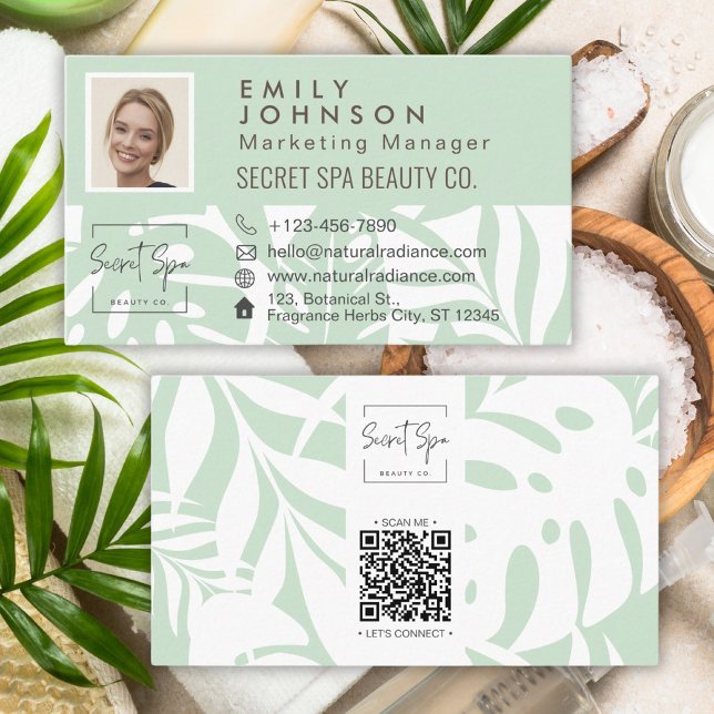 Carte De Visite Monnaie Botanique Tropical Leaf Beauté Photo & Log (Mint Botanical Tropical Leaf Beauty Photo & Logo Business Card)