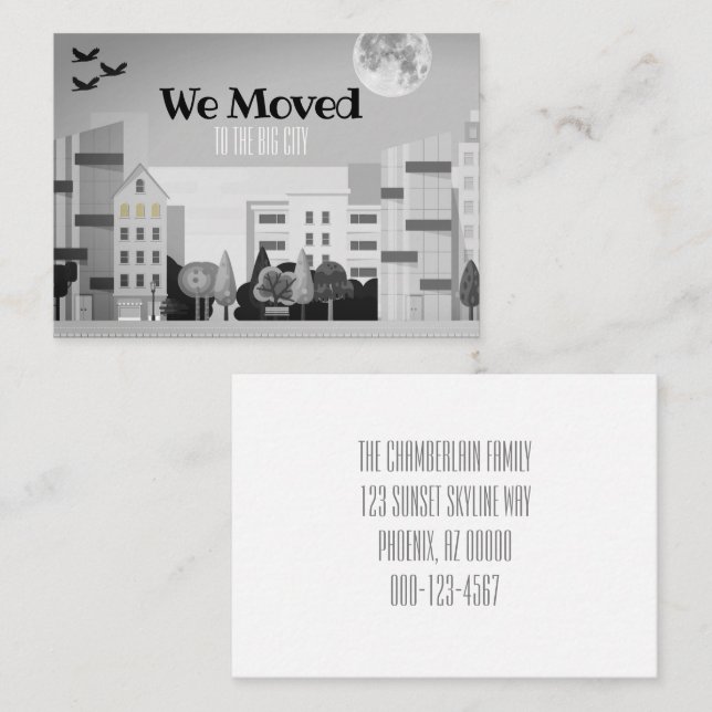 Carte De Visite Monochrome City Skyline Nous Avons Déplacé Nouvell (Devant / Derrière)