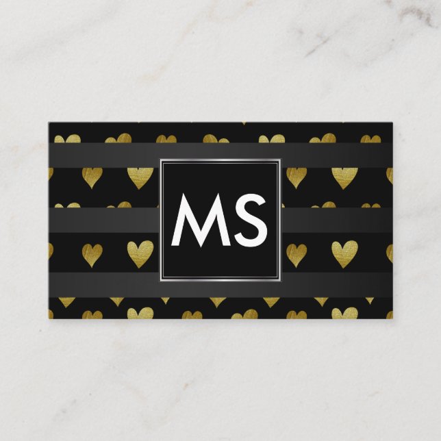 Carte De Visite Monogram | Cœurs Dorés | Rayures (Devant)