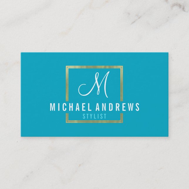 Carte De Visite MONOGRAM LOGO moderne boîte en or chic turquoise (Devant)