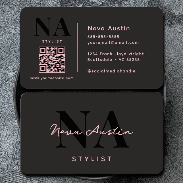 Carte De Visite Monogram Luxe Tendance Esthétique Code QR Rose Noi (Créateur téléchargé)