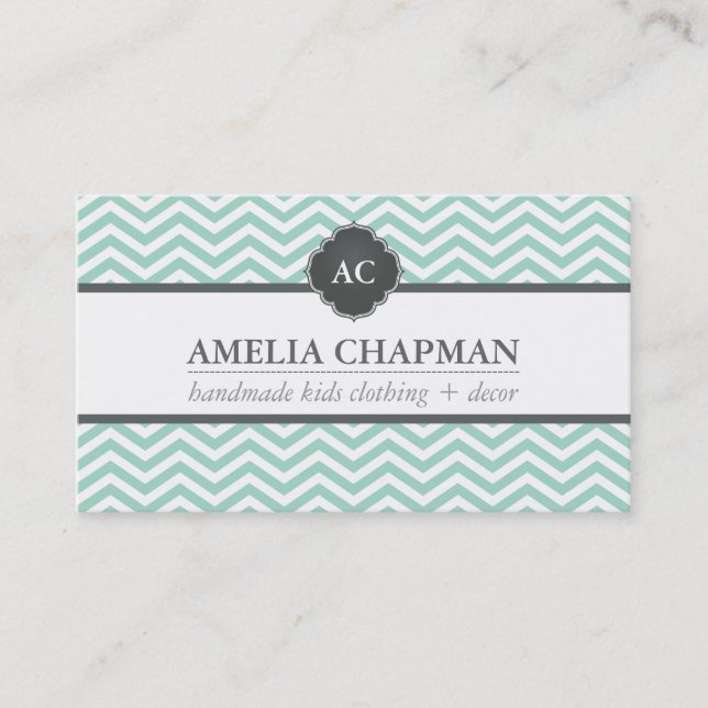 Carte De Visite MONOGRAM moderne chevron motif menthe vert gris (Devant)