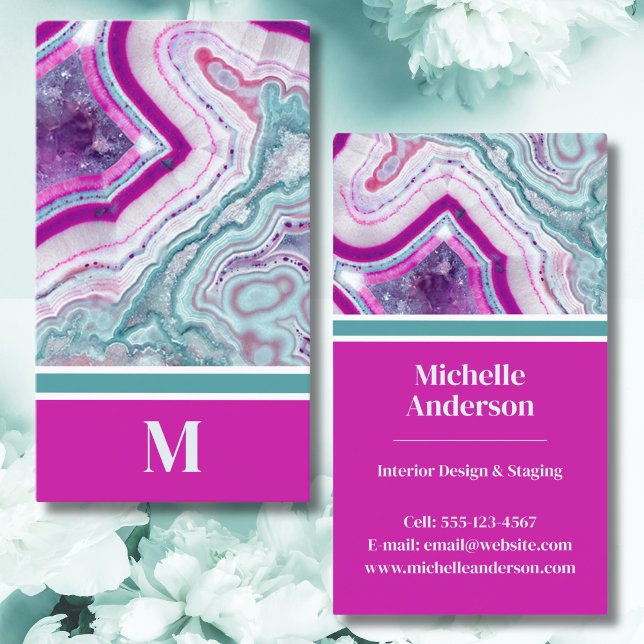 Carte De Visite Monogramme Agate Moderne (Chic Modern Monogram Initial Teal Magenta Stone Business Card)