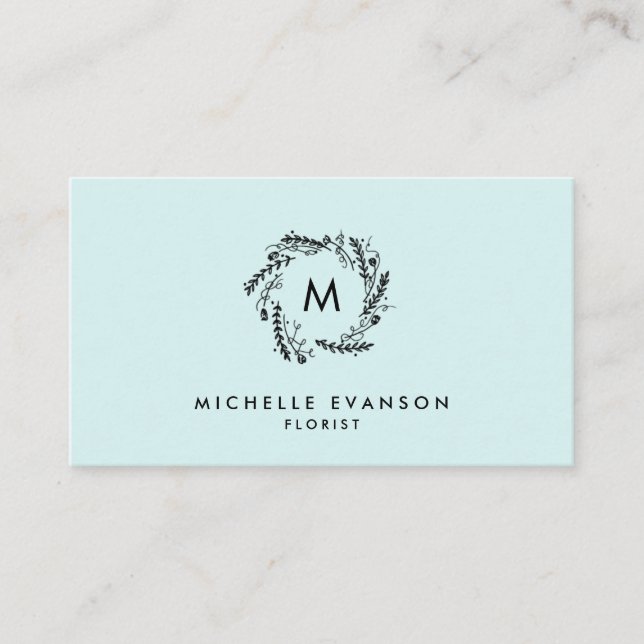 Carte De Visite Monogramme Aqua Blue et Black Floral Wreath (Devant)