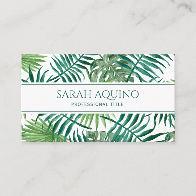 Carte De Visite Monogramme Aquarelle tropicale Palm Feuille Botani (Devant)