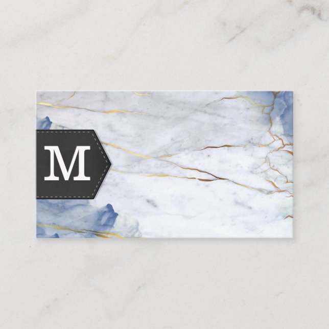 Carte De Visite Monogramme | Arrière - plan en marbre bleu (Devant)