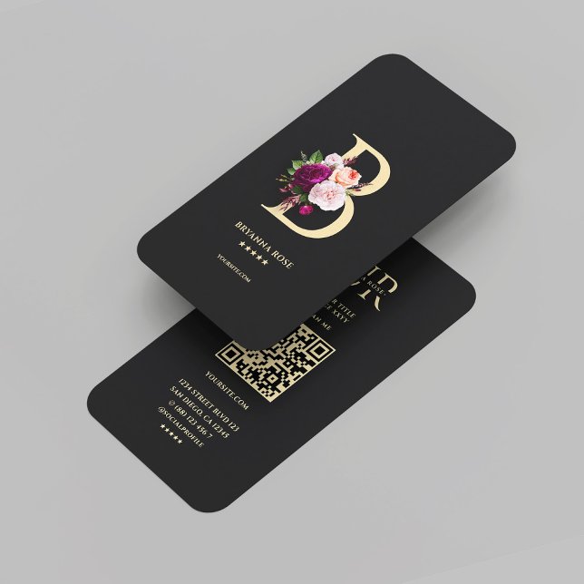 Carte De Visite Monogramme B esthétique Floral Noir Or (Modern Monogram B Elegant Floral Black Gold Business Card
)