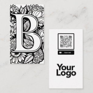 Carte De Visite Monogramme B Noir et blanc Floral QR Code Logo