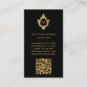Carte De Visite Monogramme Black Faux Gold Crest Elegant QR sur le