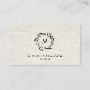 Carte De Visite Monogramme Black Floral Wreath Tan Linen Fleuriste