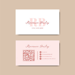 Carte De Visite Monogramme blanc rose minimaliste Qr Code