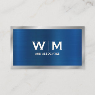 Carte De Visite Monogramme   Bleu argent métal brossé