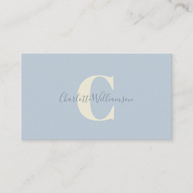 Carte De Visite Monogramme bleu clair avec superposition de nom en (Devant)