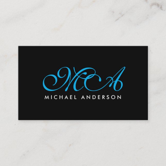 Carte De Visite Monogramme bleu Élégant Script Arrière - plan noir (Devant)