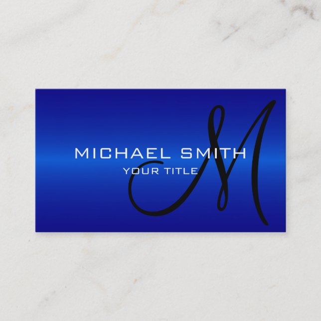 Carte De Visite Monogramme bleu en métal d'acier inoxydable (Devant)