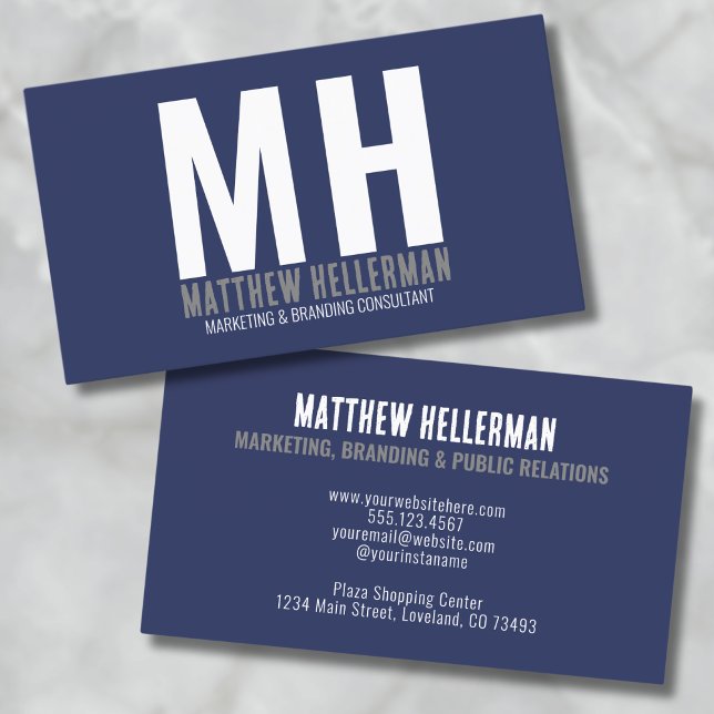 Carte De Visite Monogramme bleu marine (Navy Blue Simple Professional Monogram Business Card)