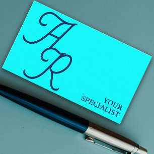 Carte De Visite Monogramme calligraphie initiales cyan bleu modern