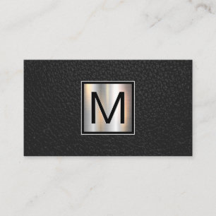 Carte De Visite Monogramme Chrome bannière métallique   Noir cuir