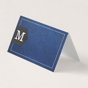 Carte De Visite Monogramme   Cuir bleu pointillé et Patch