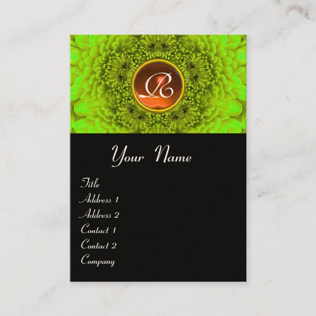 Carte De Visite MONOGRAMME DAHLIA VERT AGATE noir jaune orange (Devant)