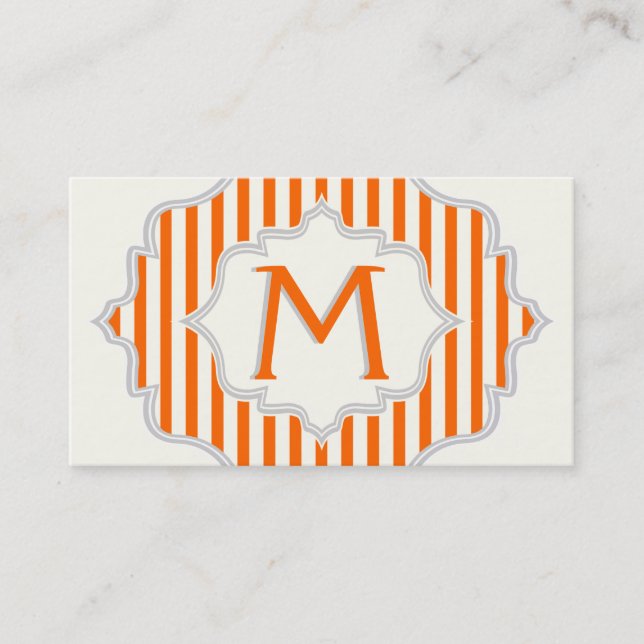 Carte De Visite Monogramme dans un cadre à rayures orange, blanche (Devant)