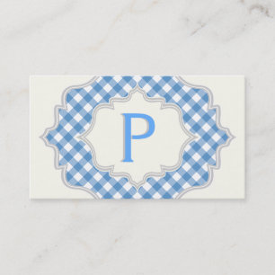 Carte De Visite Monogramme dans un cadre avec en vichy bleu, blanc