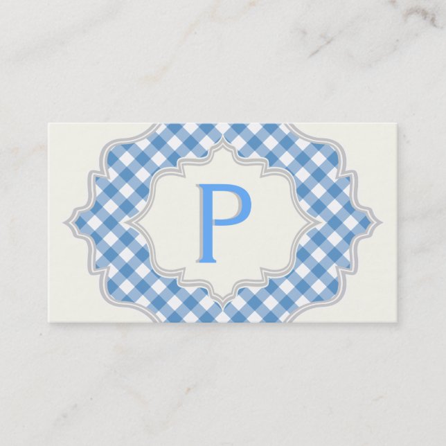 Carte De Visite Monogramme dans un cadre avec en vichy bleu, blanc (Devant)