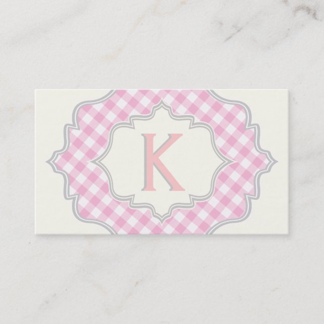 Carte De Visite Monogramme dans un cadre rose, blanc en vichy (Devant)