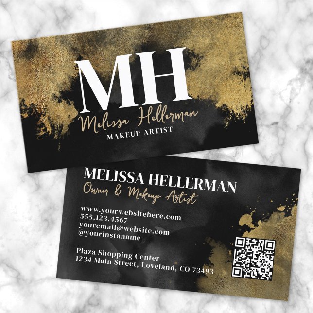 Carte De Visite Monogramme de code QR en or noir (Black Gold QR Code Monogram Business Card)