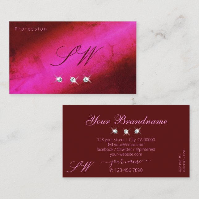 Carte De Visite Monogramme de diamants étincelants rose-bordeaux m (Devant / Derrière)