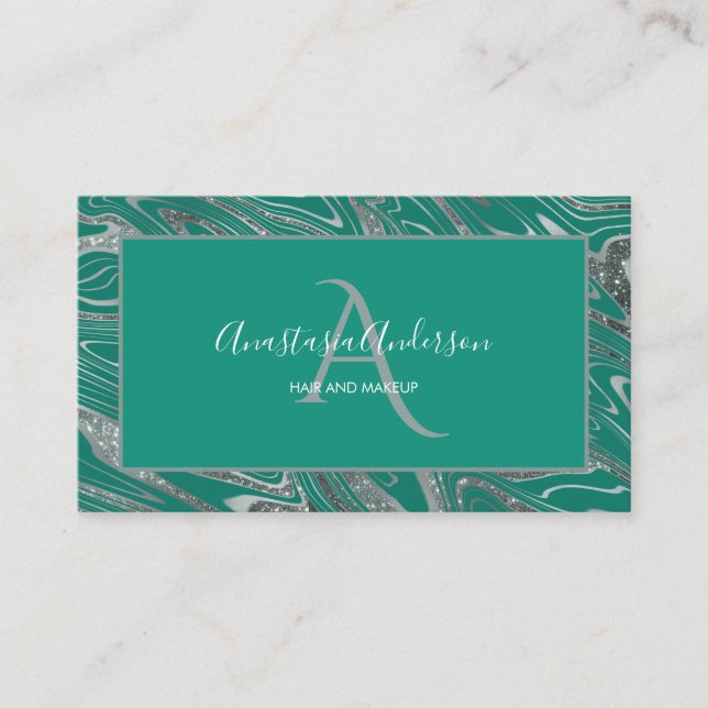 Carte De Visite Monogramme de Parties scintillant de marbre vert d (Devant)