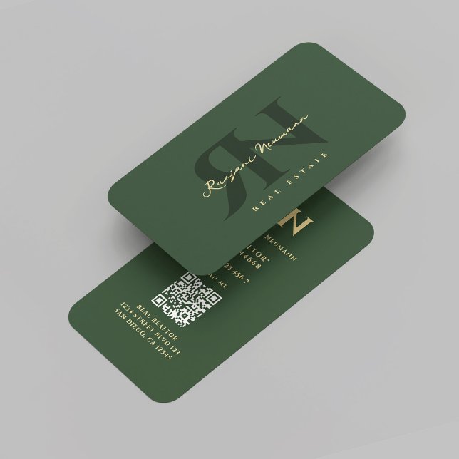Carte De Visite Monogramme de réaltor moderne R N gris vert (Modern Realtor Monogram R N Dark Sage Real Estate Agent Professional Marketing QR Business Card
)