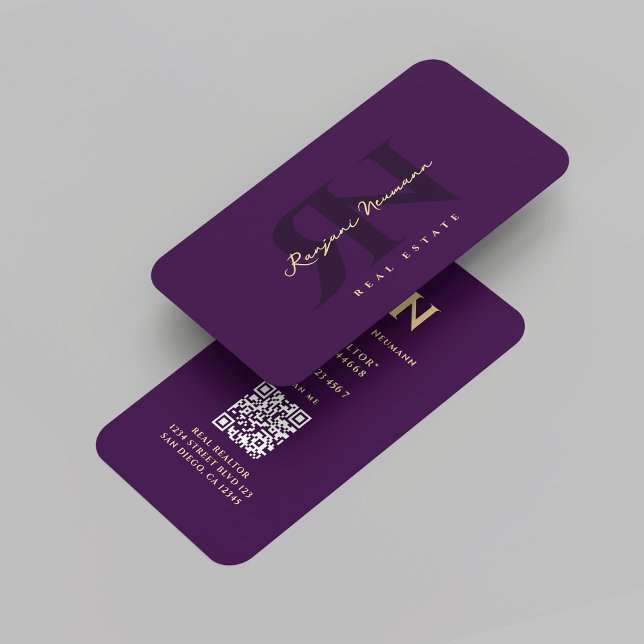 Carte De Visite Monogramme de réaltor moderne R N pourpre foncé (Modern Realtor Monogram R N Dark Purple Real estate agent professional marketing QR Business Card
)