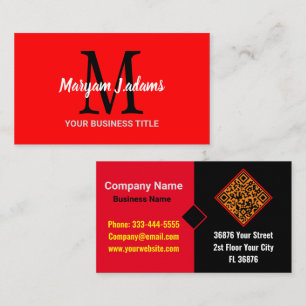 Carte De Visite Monogramme de script moderne (Code QR) Chic Noir R