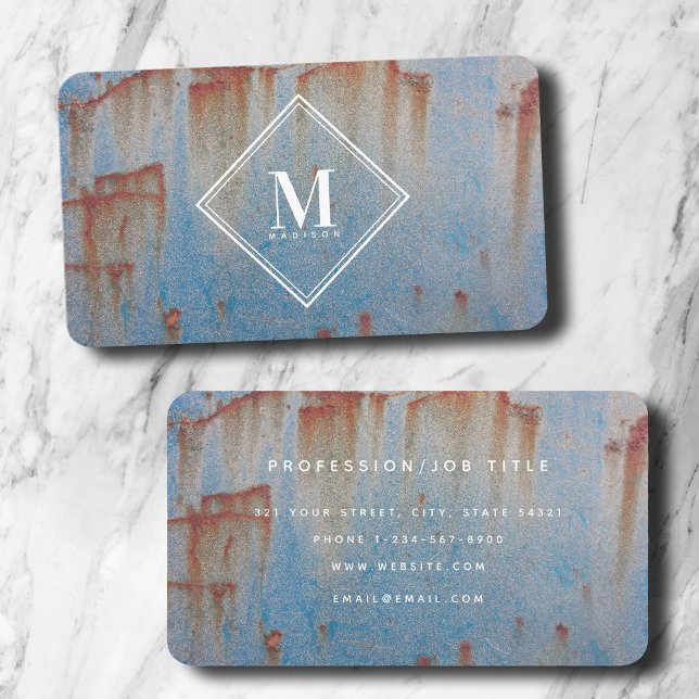 Carte De Visite Monogramme de texture métallique rouille bleue (Blue Rust Metallic Texture Monogram Initial Business Card)
