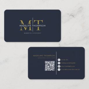 Carte De Visite Monogramme de typographie moderne bleu marine or c