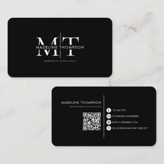 Carte De Visite Monogramme de typographie moderne Code QR noir