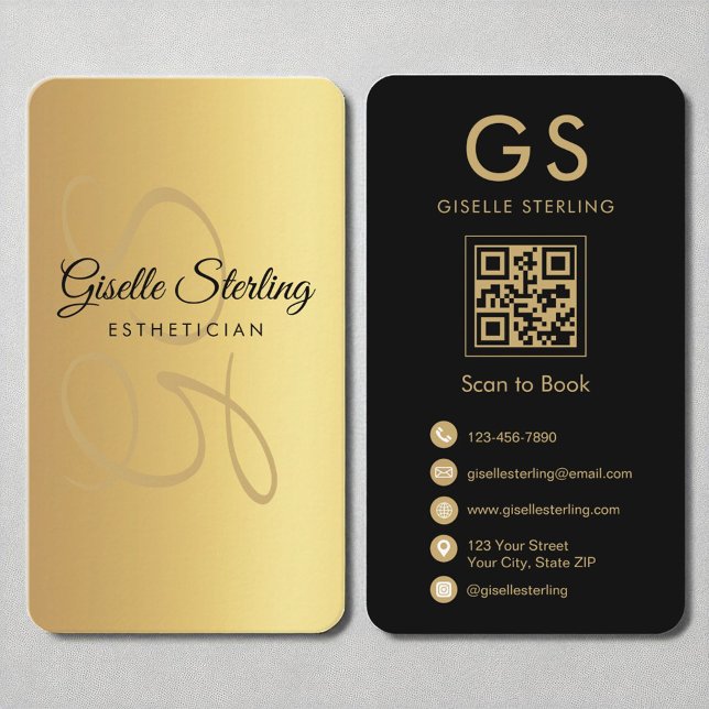 Carte De Visite Monogramme d'Esthétique or noir QR Code (Créateur téléchargé)